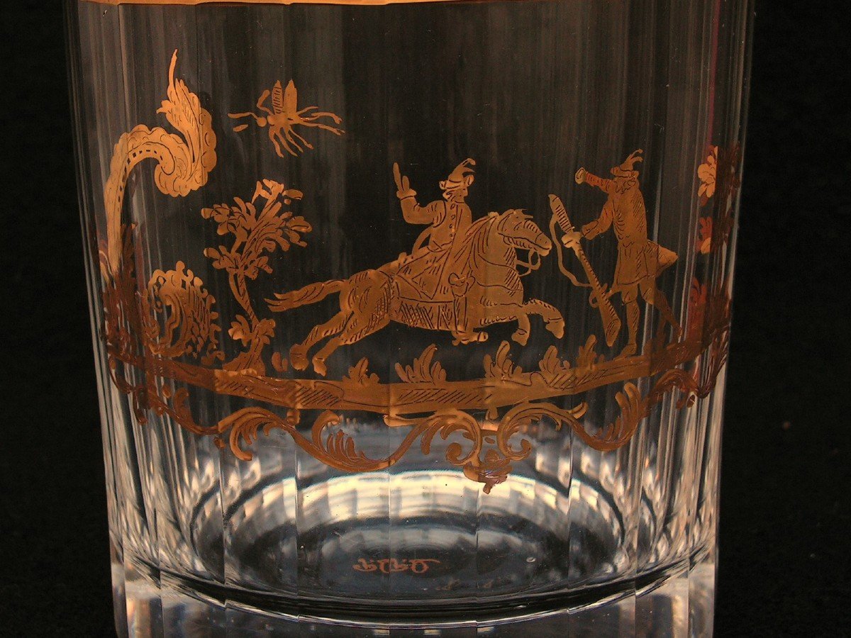 Old Crystal Cooler, Gold Decor Of A Rider And A Man Passing Him A Rifle-photo-2