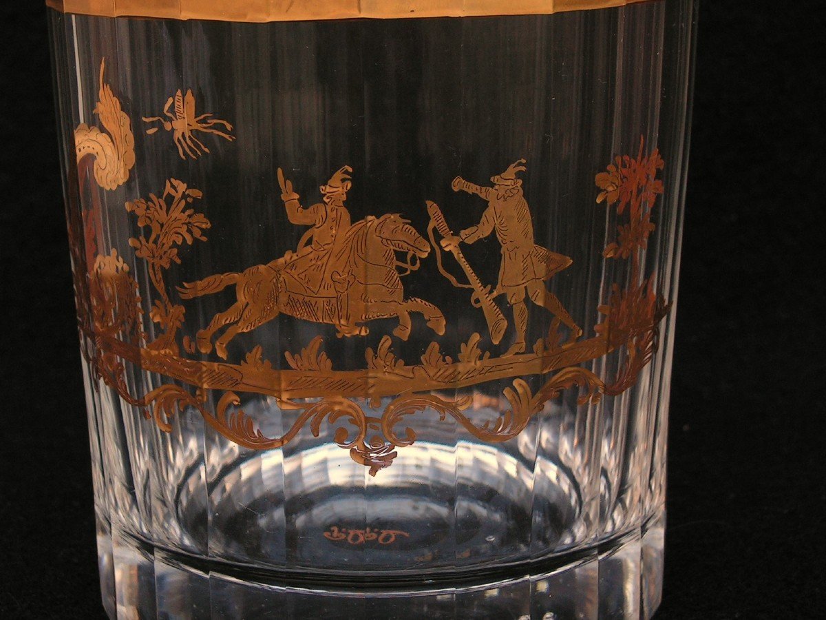 Old Crystal Cooler, Gold Decor Of A Rider And A Man Passing Him A Rifle-photo-4