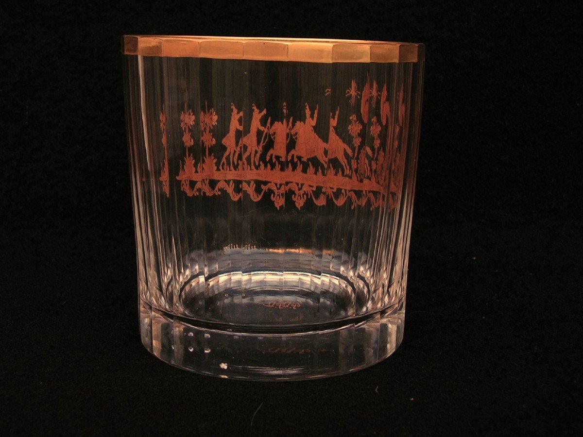 Old Crystal Cooler, Gold Decor Of A Rider And A Man Passing Him A Rifle-photo-2