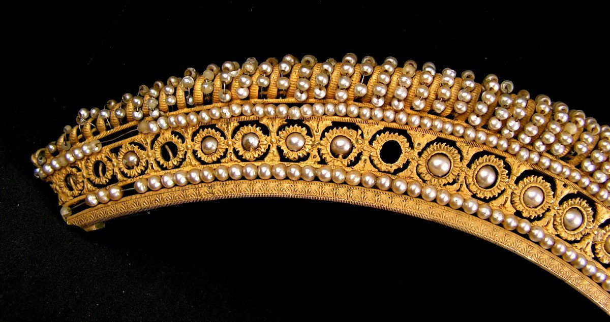 Diad&egrave;me &eacute;poque Empire En Vermeil Et Perles Couronne Peigne &agrave; Cheveux Bijou-photo-2