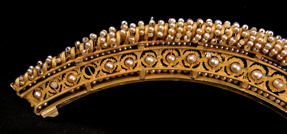 Diad&egrave;me &eacute;poque Empire En Vermeil Et Perles Couronne Peigne &agrave; Cheveux Bijou-photo-2