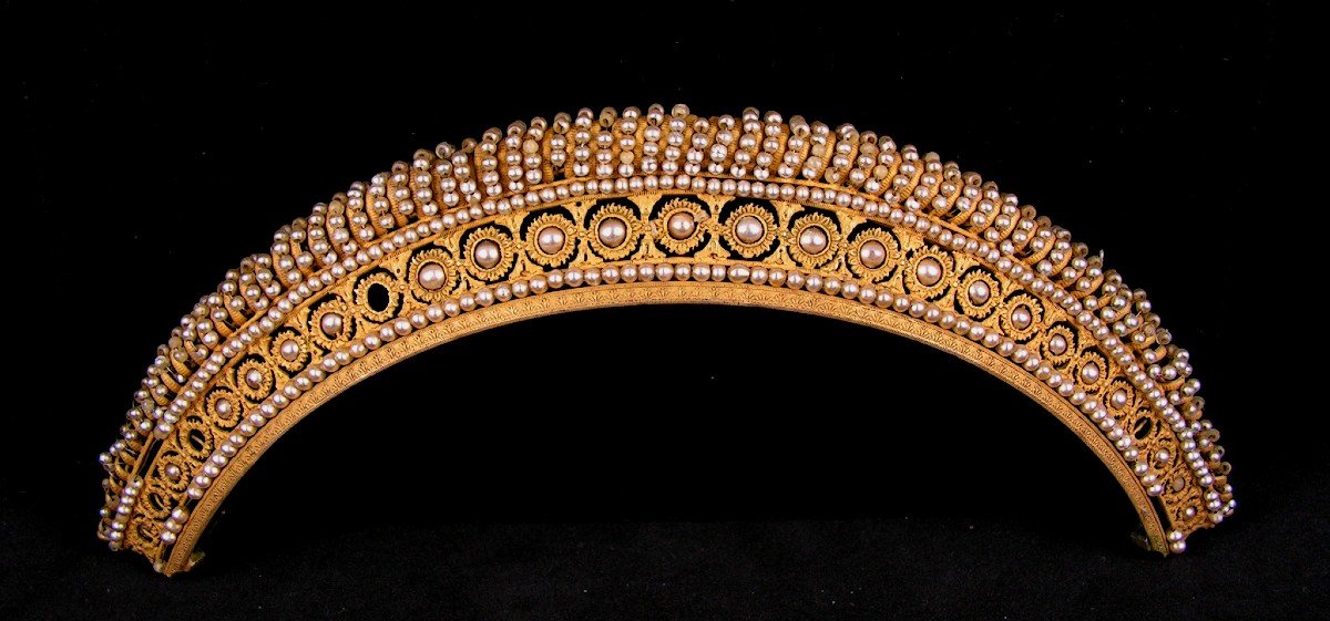 Diad&egrave;me &eacute;poque Empire En Vermeil Et Perles Couronne Peigne &agrave; Cheveux Bijou