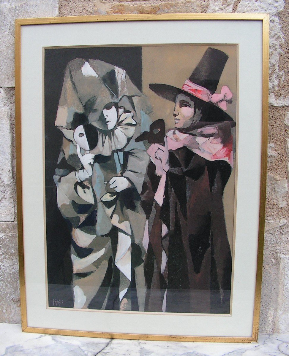 Manolo Ruiz Pipo (1929-1999) Spanish Painter Commedia Dell'arte-photo-2