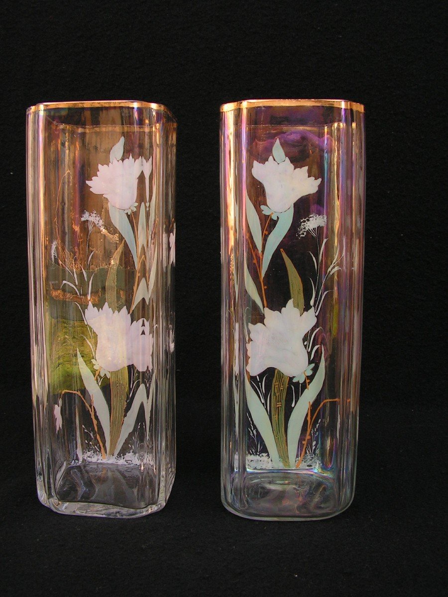 Paire De Vases émaillés A Décor Floral Irisé, Bulle De Savon Art Nouveau-photo-4