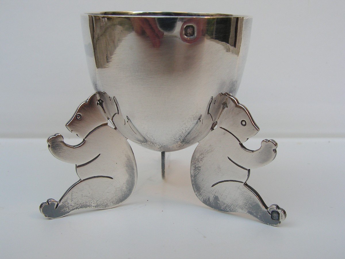 Louis Mathey Art Deco Egg Cup With Bears In Sterling Silver Minerva Hallmark-photo-4
