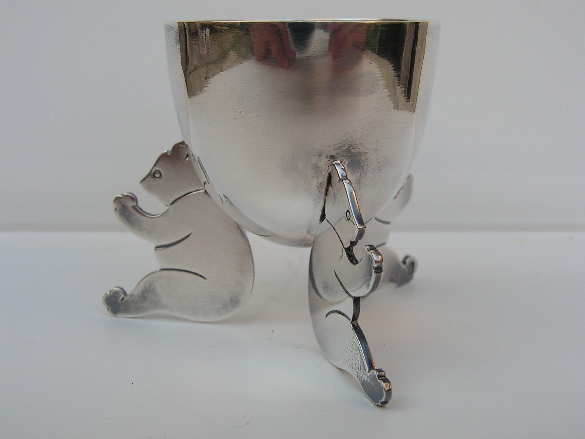 Louis Mathey Art Deco Egg Cup With Bears In Sterling Silver Minerva Hallmark-photo-2