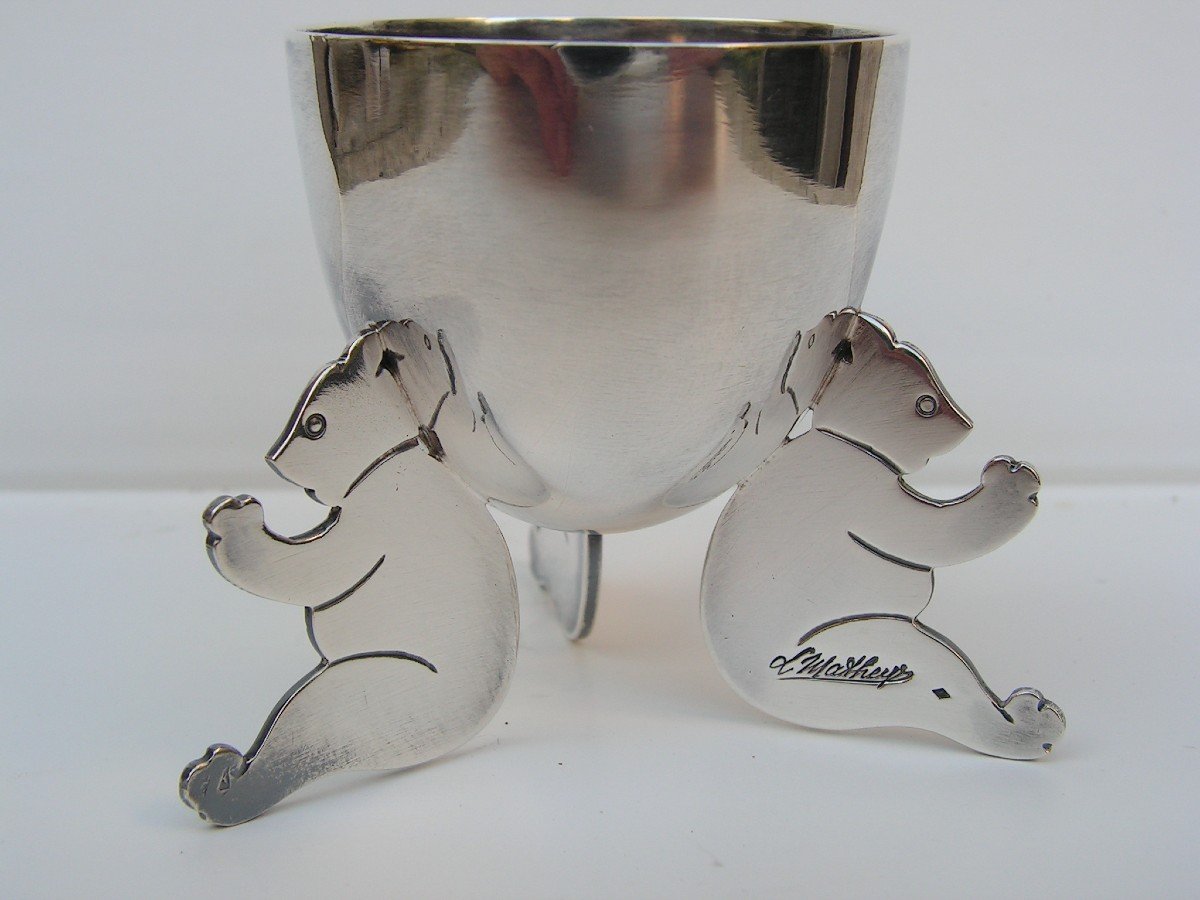 Louis Mathey Art Deco Egg Cup With Bears In Sterling Silver Minerva Hallmark