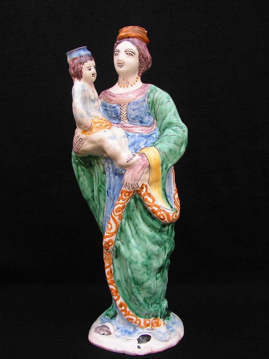 Importante Vierge A l'Enfant En Faïence De Nevers XVIII ème