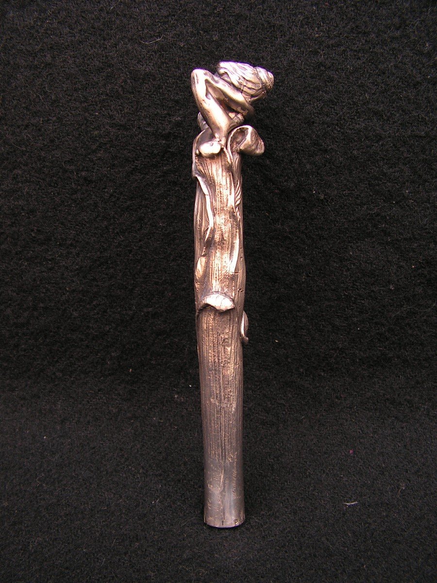 Pommeau d'Ombrelle Art Nouveau En Argent Femme Fleur Adolf Pegau Pforzheim Allemagne.-photo-2