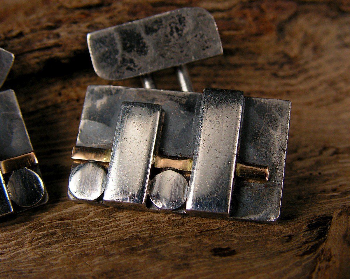 Jean Després Pair Of Silver And Gold Cufflinks Signed With The Art Deco Point And Hallmark -photo-2