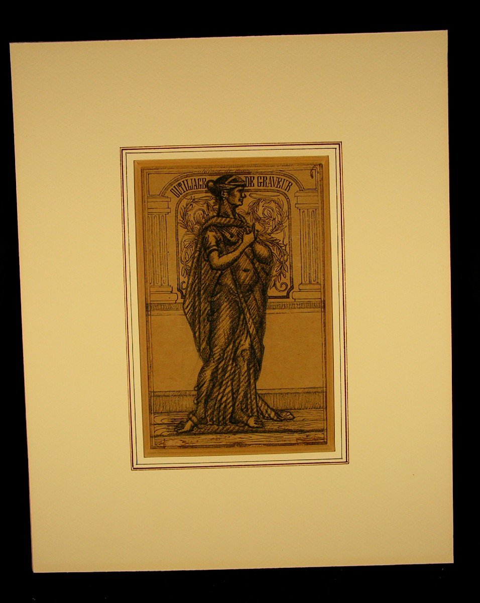 Emile Josome Hodinos Chinese Ink Drawing 19th Century Art Brut Nude Woman Medal-photo-2