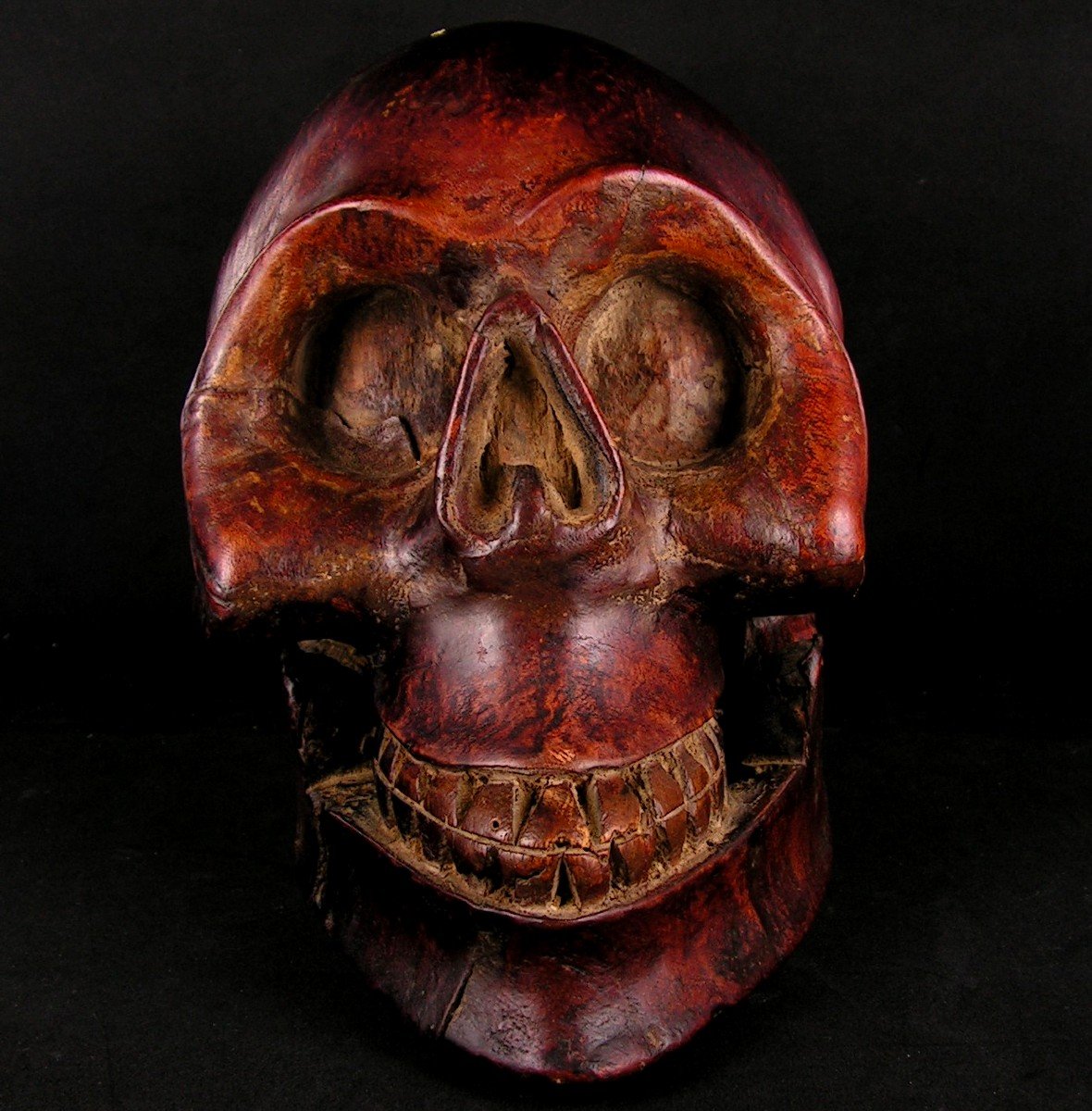 Antique Carved Wooden Skull Covered With Leather Origin Tibet-photo-2