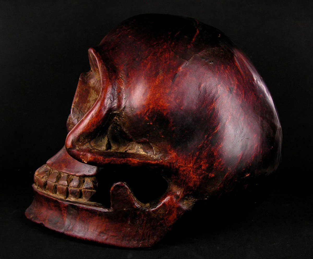 Antique Carved Wooden Skull Covered With Leather Origin Tibet-photo-3