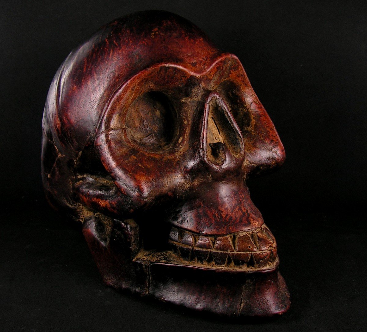 Antique Carved Wooden Skull Covered With Leather Origin Tibet-photo-4