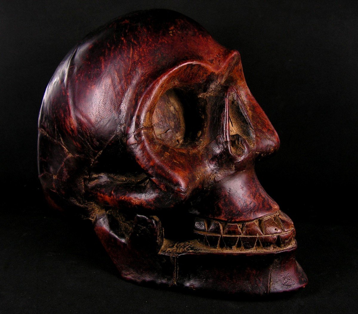 Antique Carved Wooden Skull Covered With Leather Origin Tibet