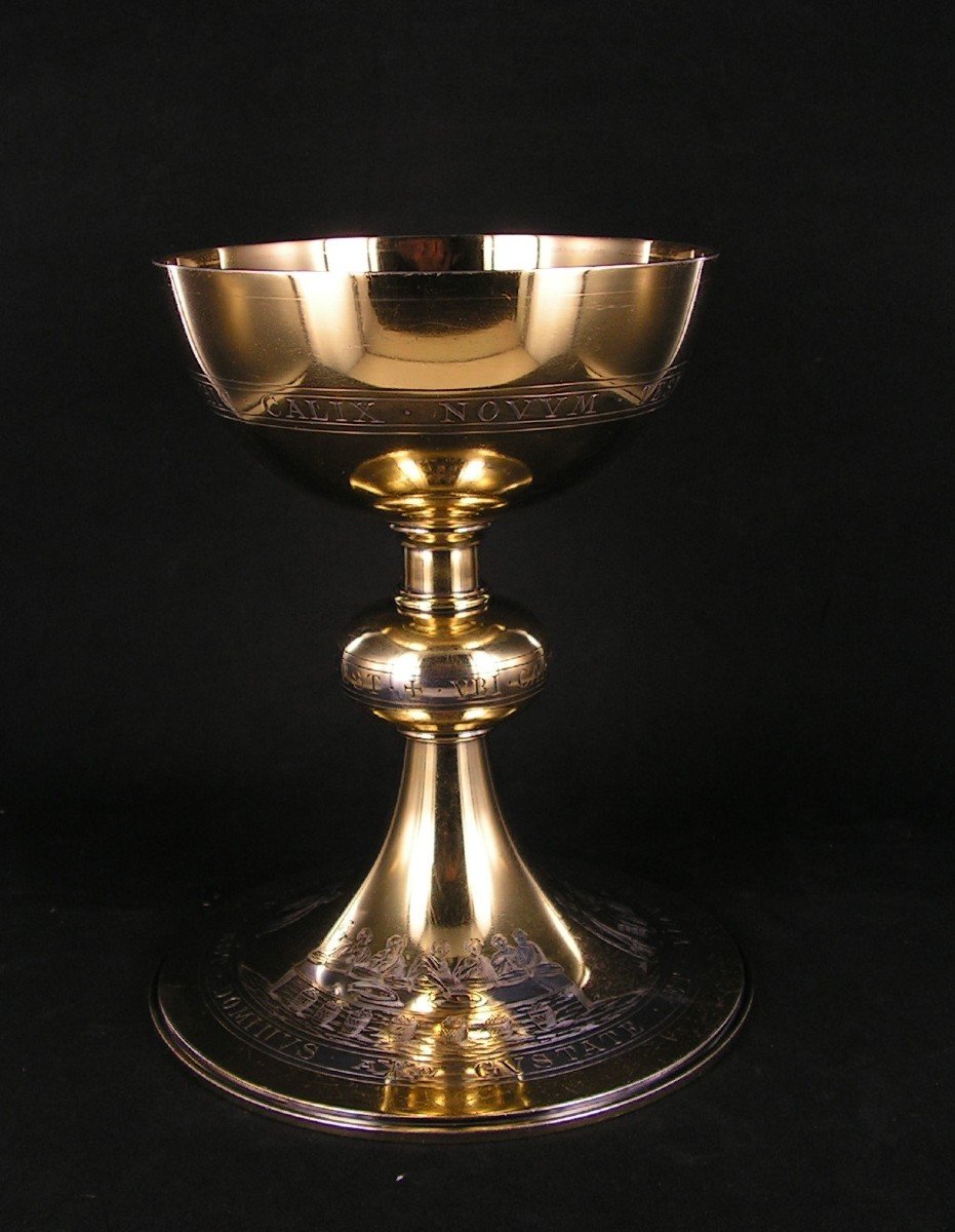 Solid Silver Chalice Demarquet Frères, Base Engraved With Decorations Such As The Last Supper, Fish ...