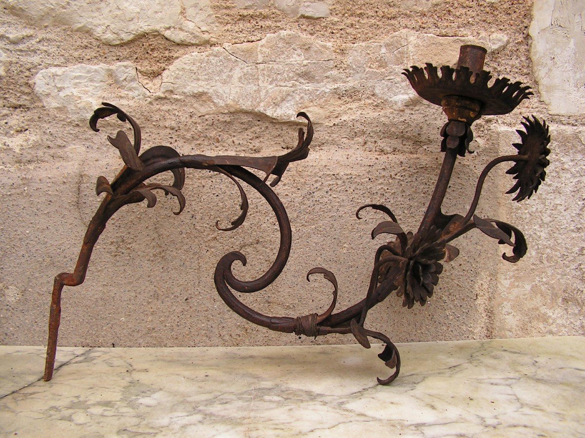 Louis XIV Period Wrought Iron Light Arms With Flower Decor-photo-2