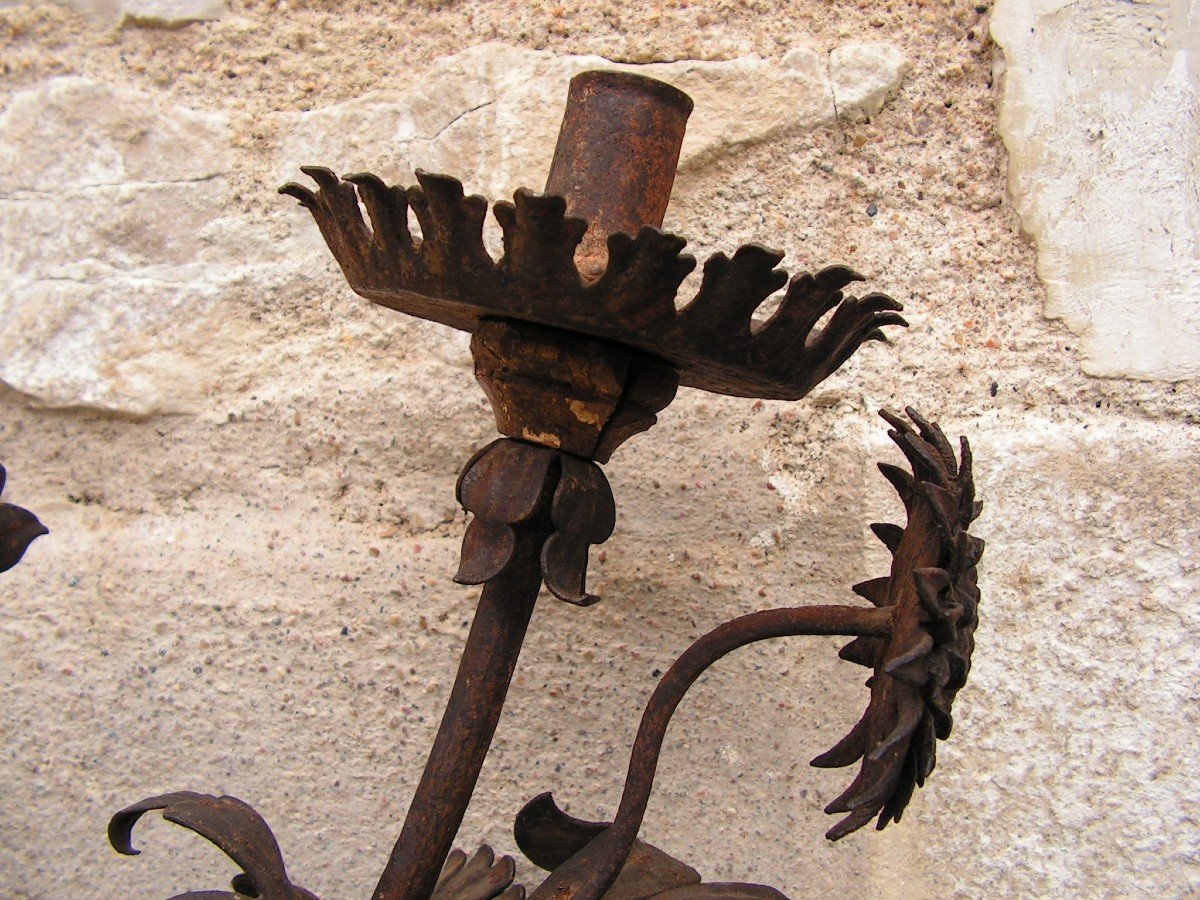 Louis XIV Period Wrought Iron Light Arms With Flower Decor-photo-4