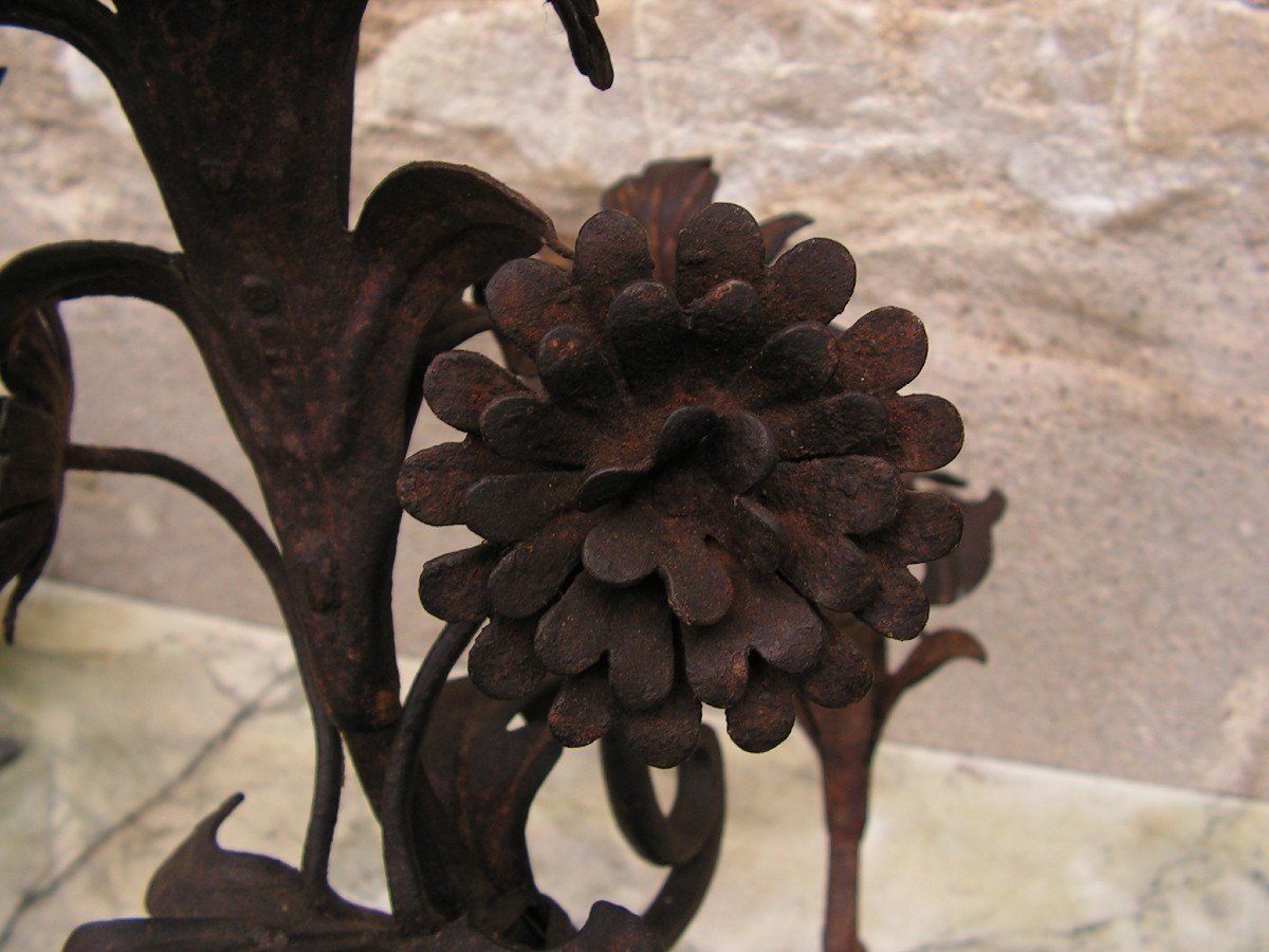 Bras De Lumière En Fer Forgé d'époque Louis XIV A Décors De Fleurs-photo-4