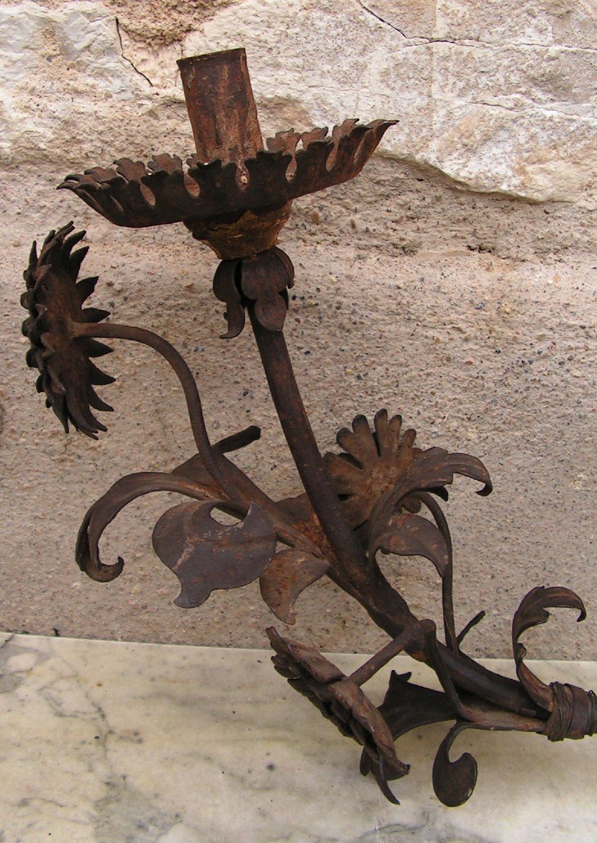 Louis XIV Period Wrought Iron Light Arms With Flower Decor-photo-5