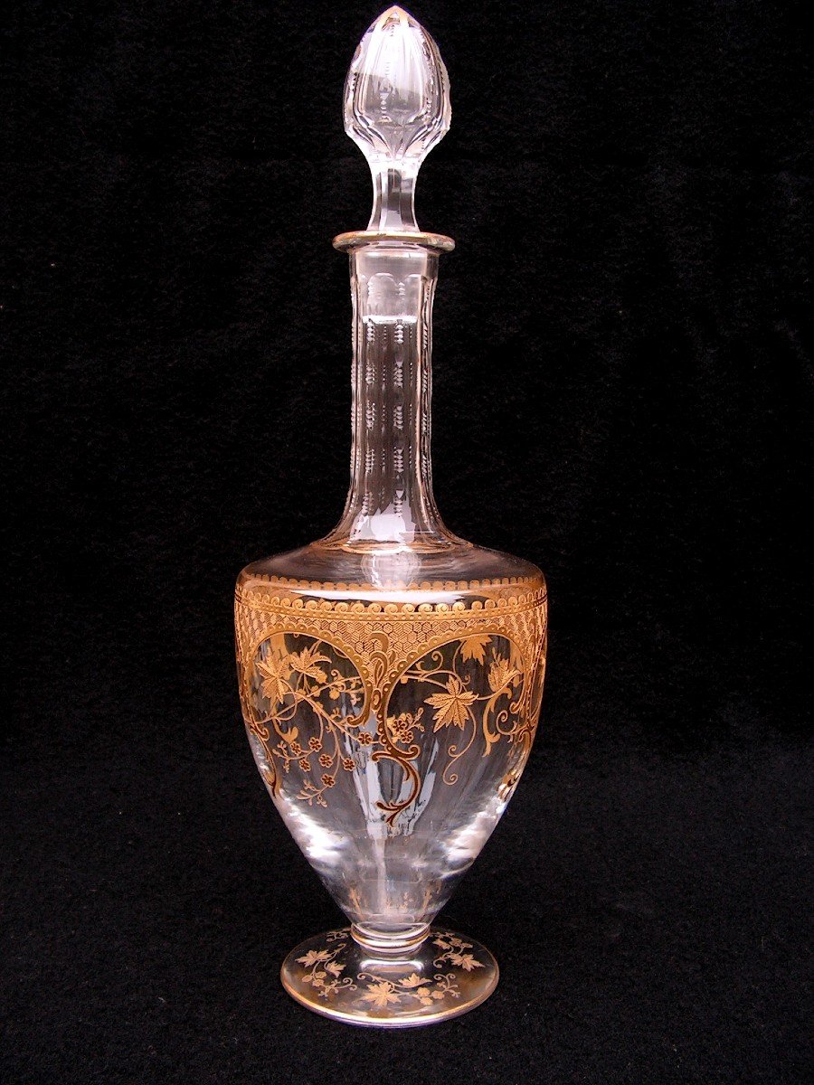 Ancienne Grande Carafe En Cristal Gravé Réhaussé A l'Or Type Saint Louis ou Baccarat