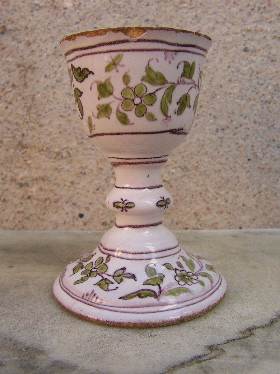 Egg Cup Or Chalice In Moustiers Earthenware Decorated With Flowers And Butterflies, 18th Century