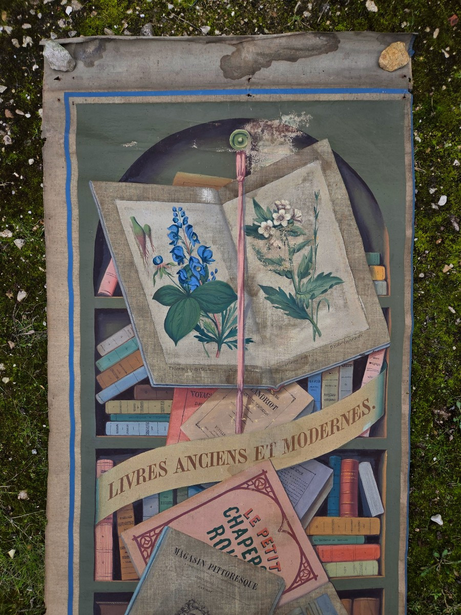 19th Century Trompe l'Oeil Painted Canvas Sign For Bookstore Front Book Binding Bookstore-photo-2