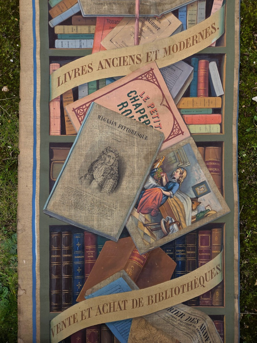 19th Century Trompe l'Oeil Painted Canvas Sign For Bookstore Front Book Binding Bookstore-photo-3