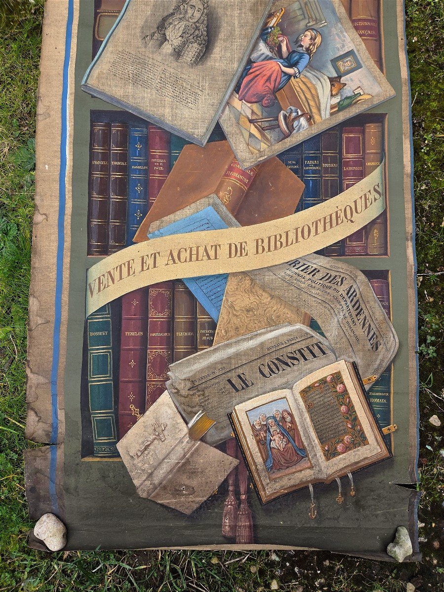 19th Century Trompe l'Oeil Painted Canvas Sign For Bookstore Front Book Binding Bookstore-photo-4