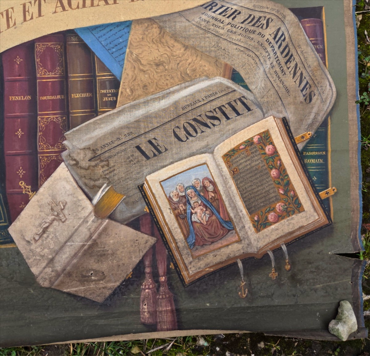 19th Century Trompe l'Oeil Painted Canvas Sign For Bookstore Front Book Binding Bookstore-photo-1