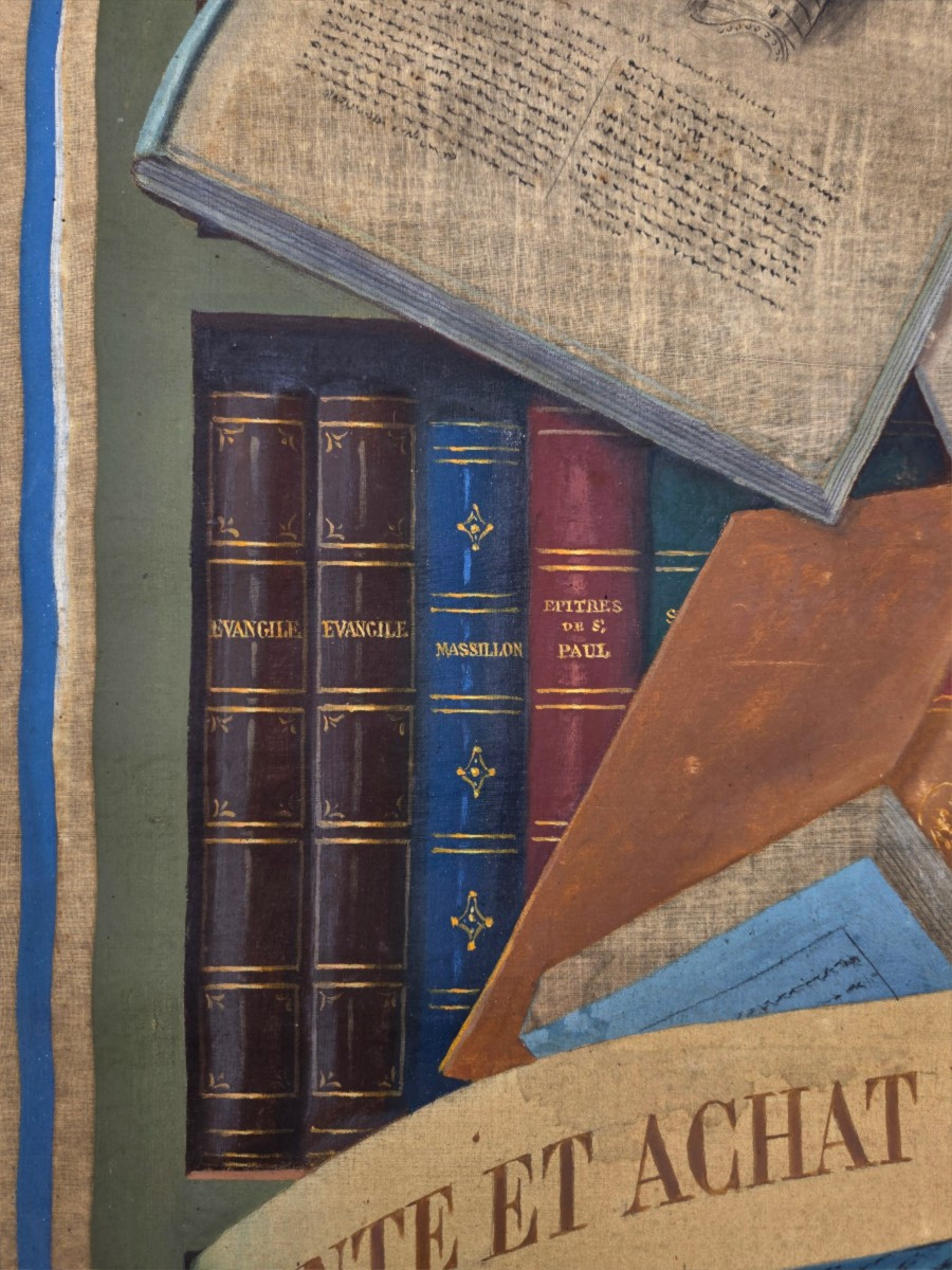 19th Century Trompe l'Oeil Painted Canvas Sign For Bookstore Front Book Binding Bookstore-photo-4