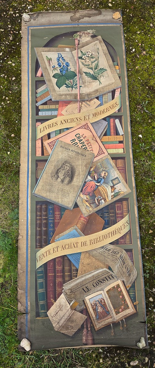 19th Century Trompe l'Oeil Painted Canvas Sign For Bookstore Front Book Binding Bookstore