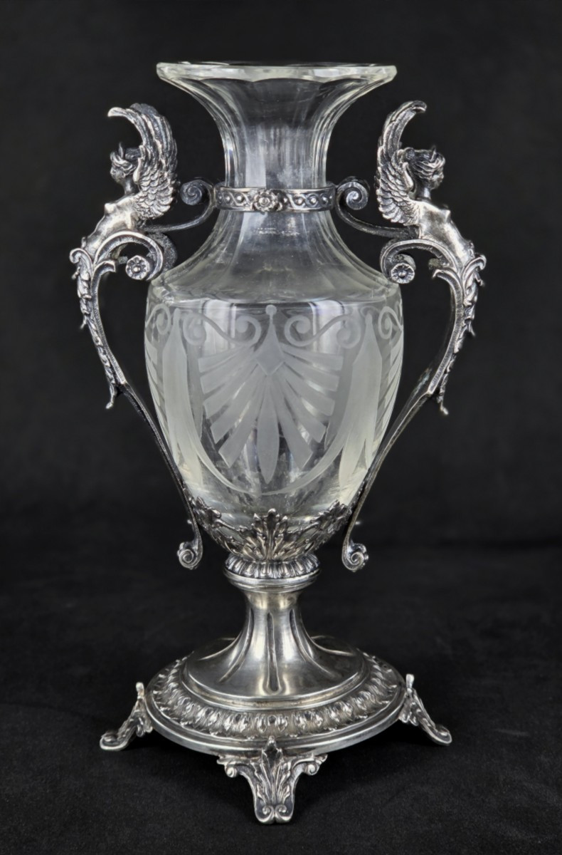 Silver And Crystal Vase By Martin Mayer Germany With Winged Sphinx Handles 