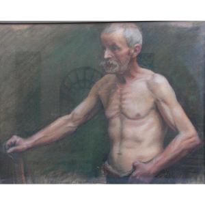 Ancien Pastel Portrait d'Homme Au Torse Nu, Artiste A Identifier 