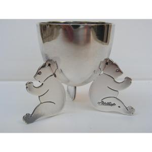 Louis Mathey Art Deco Egg Cup With Bears In Sterling Silver Minerva Hallmark
