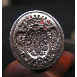 Ancien Sceau Ou Cachet Matrice En Argent Blason, Armoiries A Identifier