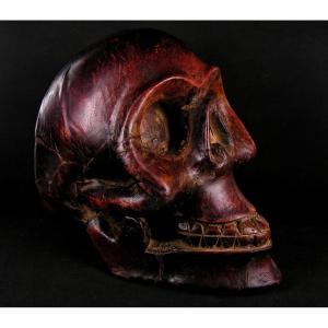 Antique Carved Wooden Skull Covered With Leather Origin Tibet