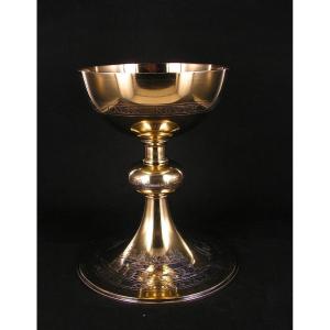 Solid Silver Chalice Demarquet Frères, Base Engraved With Decorations Such As The Last Supper, Fish ...