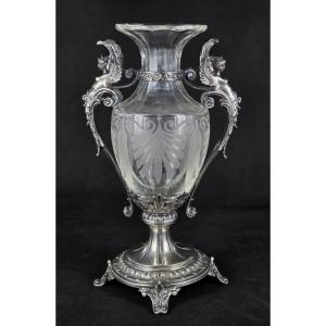 Vase Argent Et Cristal Par Martin Mayer Allemagne Anses Aux Sphinges Ailees 