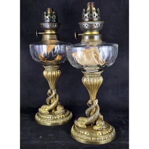 Pair Of Oil Lamps With Dolphins By Claude Jean Pitoin, Gilt Bronze, Baccarat Crystal