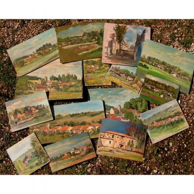 Set Of 15 Pochades Twentieth Representing Landscapes Oils On Cardboard, Unsigned Panels