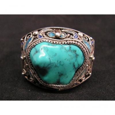 Ancient Imposing Chinese Ring In Filigree Silver And Turquoise