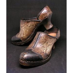 Pair Of Women's Clogs Or Galoshes Imitation Lizard Leather And Wood