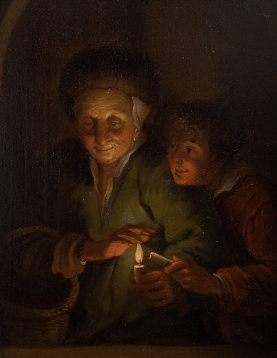 Follower Of Godfried Schalcken - Old Woman And Boy With Candles-photo-2