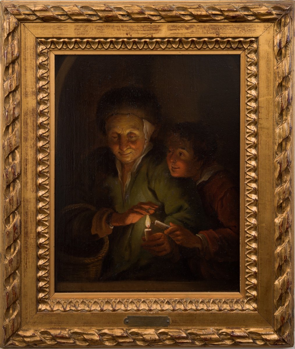 Follower Of Godfried Schalcken - Old Woman And Boy With Candles