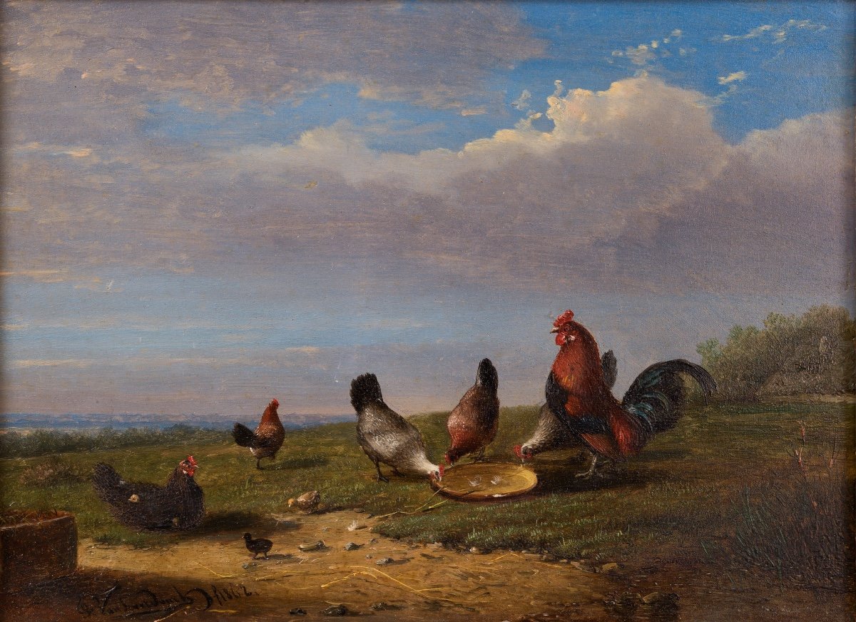 Frans Van Severdonck (1809 - 1889)  Coq Et Poules à l'Aube, 1862-photo-2