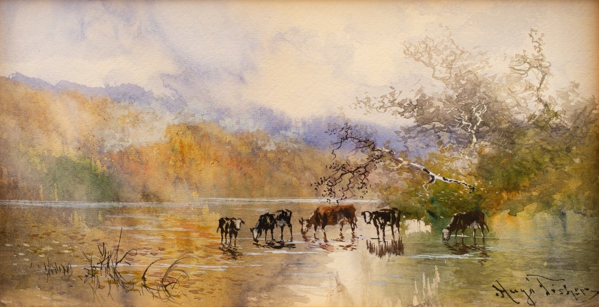 Vue De Paysage Avec Des Vaches Buvant De l'Eau Par l'Artiste Américain Hugo Anton Fisher