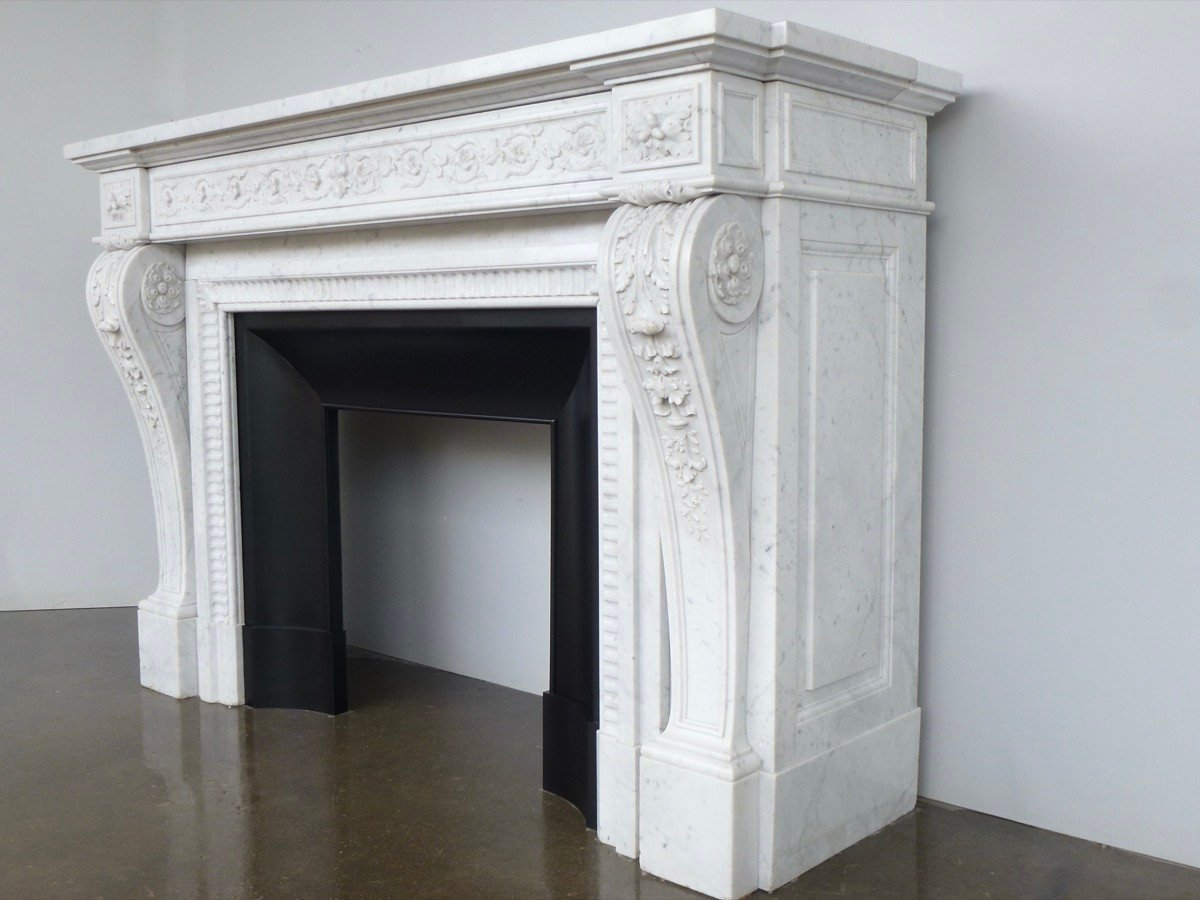 Exceptional Louis XVI Style White Carrara Marble Fireplace-photo-3