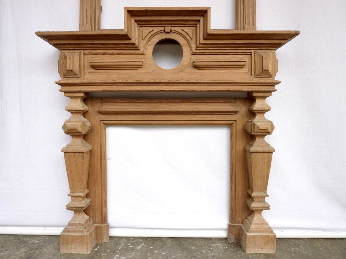 19th Century Neoclassical Pitch Pine Fireplace.