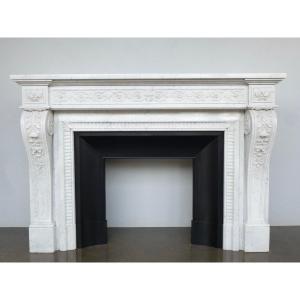 Exceptional Louis XVI Style White Carrara Marble Fireplace